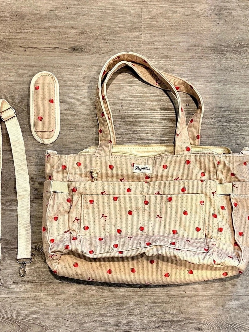 Bagstellar Corduroy Strawberry Patterned Diaper Tote Work Bag